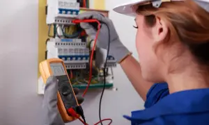 Elektryk w białym kasku mierzy napięcie multimetrem przy skrzynce z bezpiecznikami.
