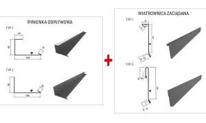 Rysunki techniczne rynienki odpływowej i wiatrownicy zaciąganej z wymiarami.