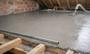 Wylewana jest cienka wylewka na stary beton, tworząc nową, gładką powierzchnię.
