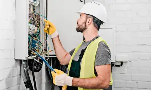 Elektryk w kasku i kamizelce odblaskowej pracuje przy skrzynce z przewodami.