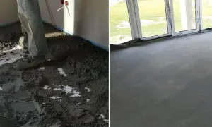 Prace budowlane: wylewanie półsuchego betonu na podłogę i gotowa, gładka posadzka.