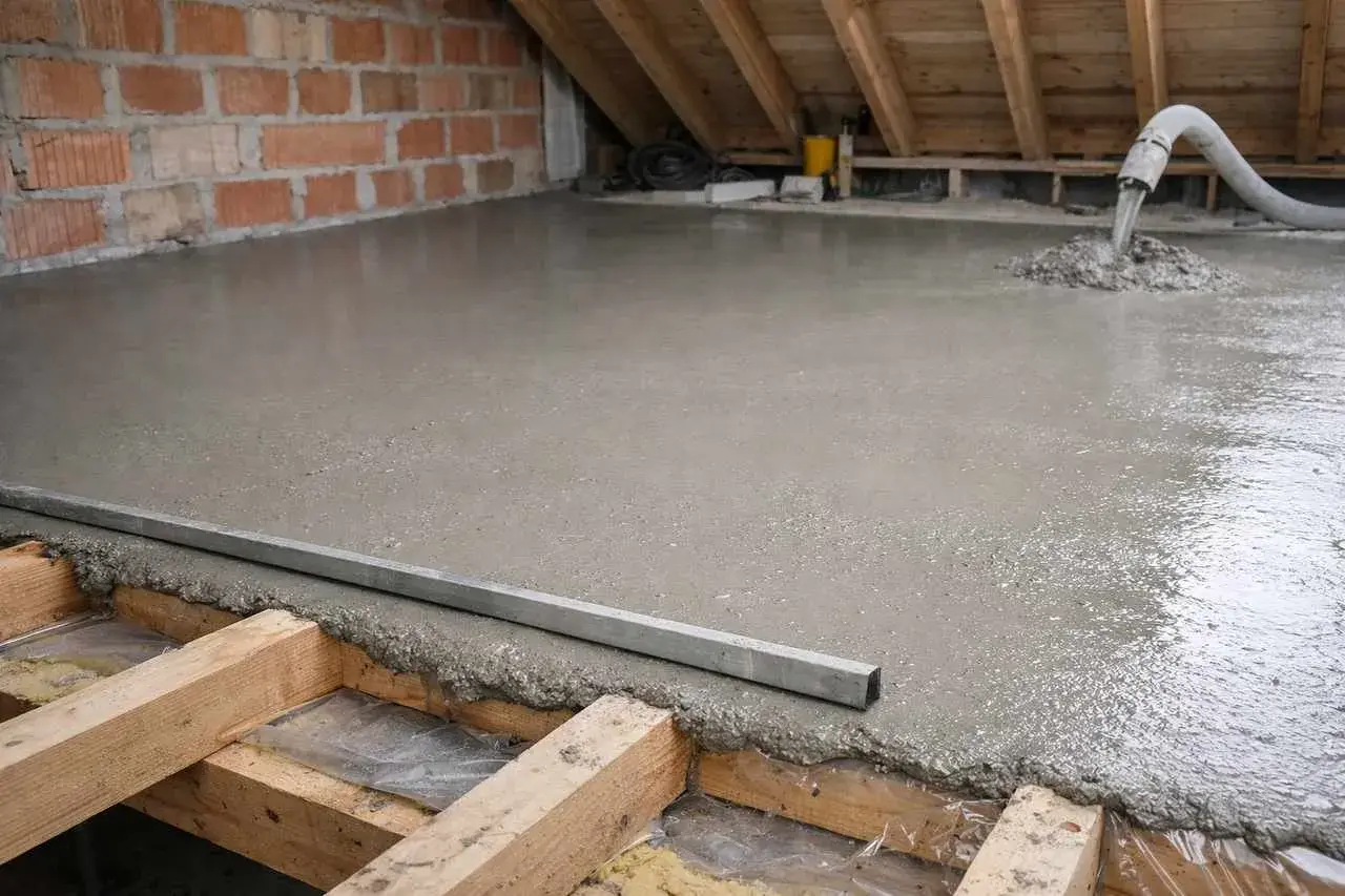 Wylewana jest cienka wylewka na stary beton, tworząc nową, gładką powierzchnię.