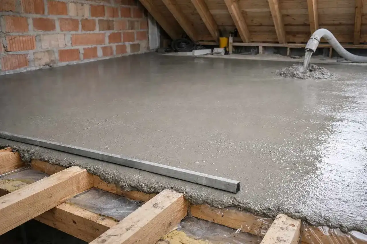Wylewana jest cienka wylewka na stary beton, tworząc nową, gładką powierzchnię.