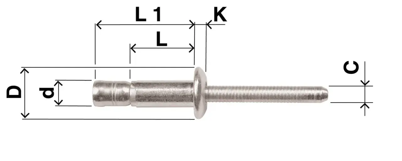 Nitowanie: nit zrywalny z wymiarami L, L1, D, d, K, C.