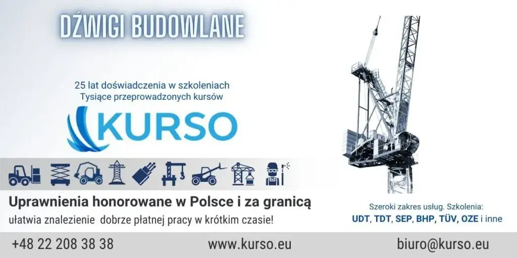 dźwig budowlany w pracy z logo UDT