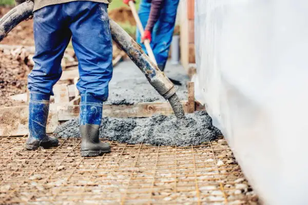 Robotnicy w niebieskich kombinezonach i gumowcach wylewają beton na zbrojenie.