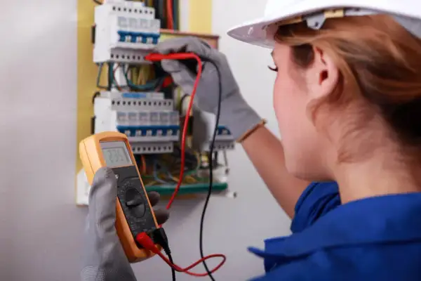 Elektryk w białym kasku mierzy napięcie multimetrem przy skrzynce z bezpiecznikami.