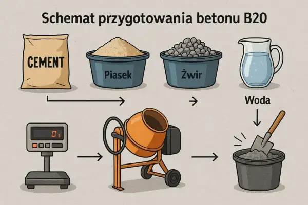 Schemat przygotowania betonu B20: cement, piasek, żwir i woda trafiają do betoniarki.
