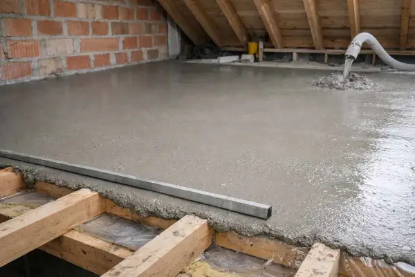 Wylewana jest cienka wylewka na stary beton, tworząc nową, gładką powierzchnię.