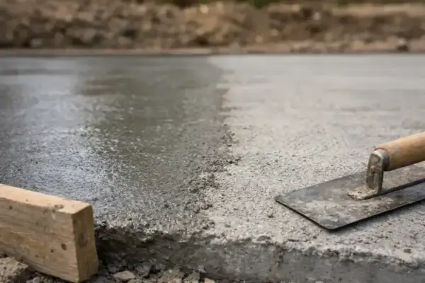 Świeżo wylany beton z kielnią i drewnianym klockiem.
