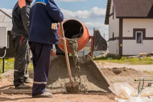 Robotnicy mieszają beton. Widać, ile piasku na kubik betonu jest potrzebne do uzyskania odpowiedniej konsystencji.