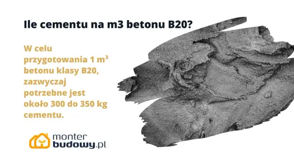 Fragment betonu z tekstem informującym o ilości cementu na m³ betonu B20.