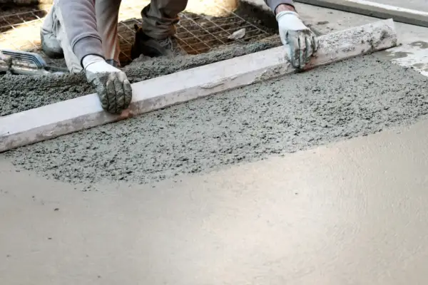 Ręce w rękawiczkach wyrównują świeży beton za pomocą łaty.