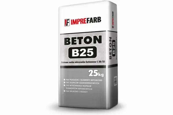 Worek z suchą mieszanką betonową B25 Imprefarb, 25kg. Idealny do posadzek, ogrodzeń i napraw. Proporcje betonu B25 są już gotowe.