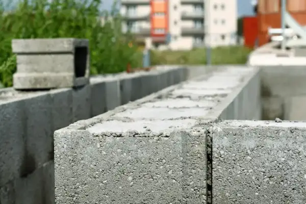 Budowa domu w toku. Widoczne zbrojenie pustaków szalunkowych, gotowych do zalania betonem.
