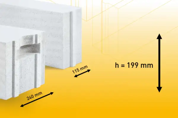 Bloki gazobetonu o wymiarach 240 mm i 115 mm, z zaznaczoną wysokością h=199 mm. Oblicz ile gazobetonu na m2 potrzebujesz.
