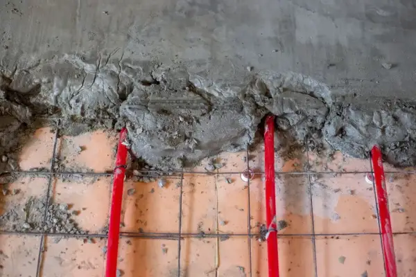 Budowa podłogi z ogrzewaniem podłogowym. Widać siatkę zbrojeniową, czerwone rurki i świeżą wylewkę cementową. Jaki cement na wylewki będzie najlepszy?