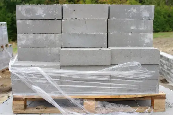 Stos szarych bloczków betonowych na palecie, owiniętych folią. Poznaj bloczek betonowy wymiary i zacznij budowę!