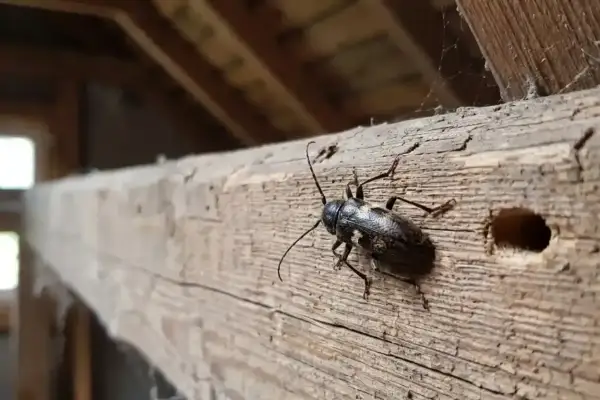 Chrząszcz na spróchniałej belce drewnianej, obok otworu.