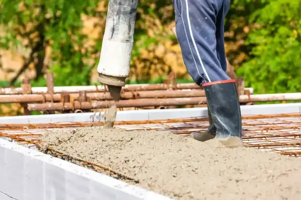 Betoniarka wylewa beton na zbrojenie, pracownik w gumowcach stoi w betonie.